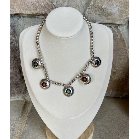 Native NAVAJO Pearl Silver TURQUOISE CORAL Necklace Shadowbox Station squash - Picture 1 of 12
